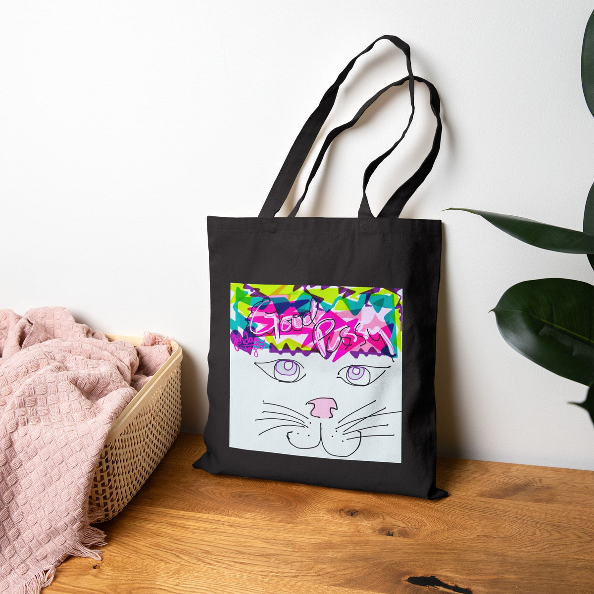 Canvas Tote Bag — Cute Cat Face & "i'm better than good" Graphic Shopper