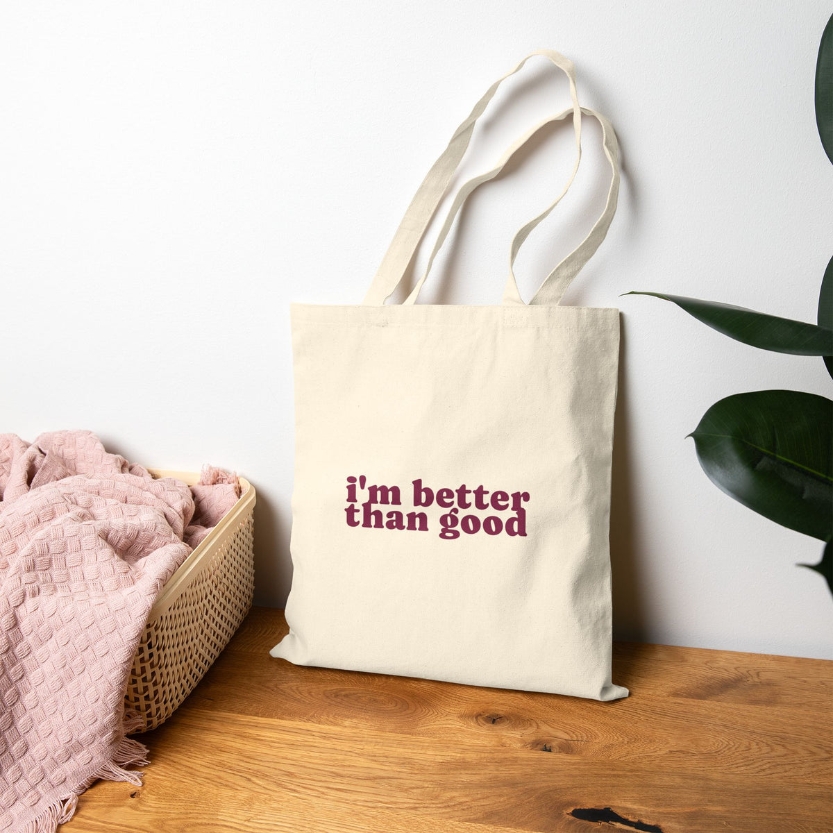 Canvas Tote Bag — Cute Cat Face & "i'm better than good" Graphic Shopper