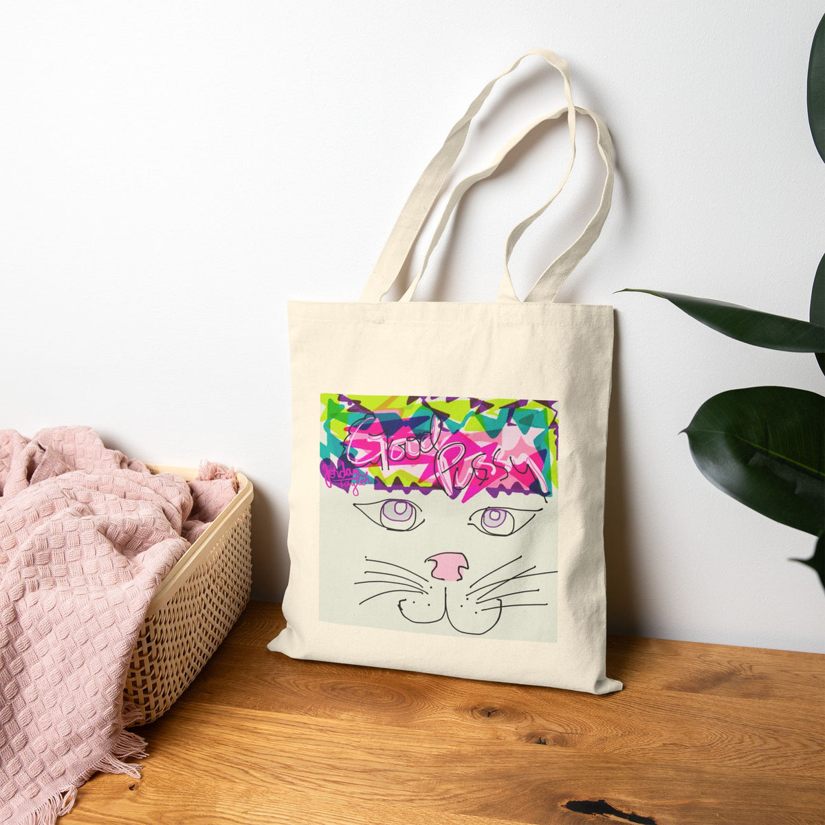 Canvas Tote Bag — Cute Cat Face & "i'm better than good" Graphic Shopper