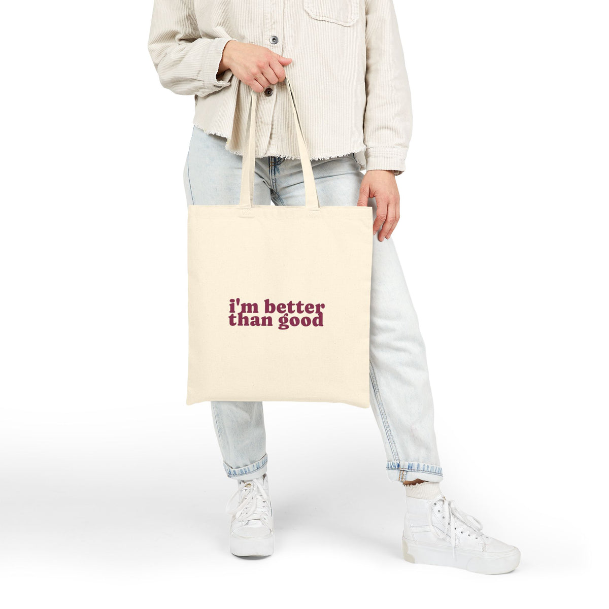 Canvas Tote Bag — Cute Cat Face & "i'm better than good" Graphic Shopper